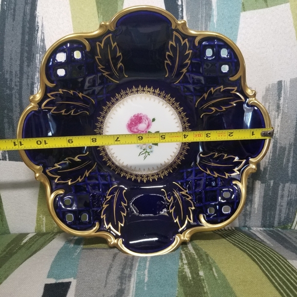 Reichenbach Echt Kobalt Blue Porcelain Serving Bowl Pierced With Feet And Rose - Picture 3 of 15